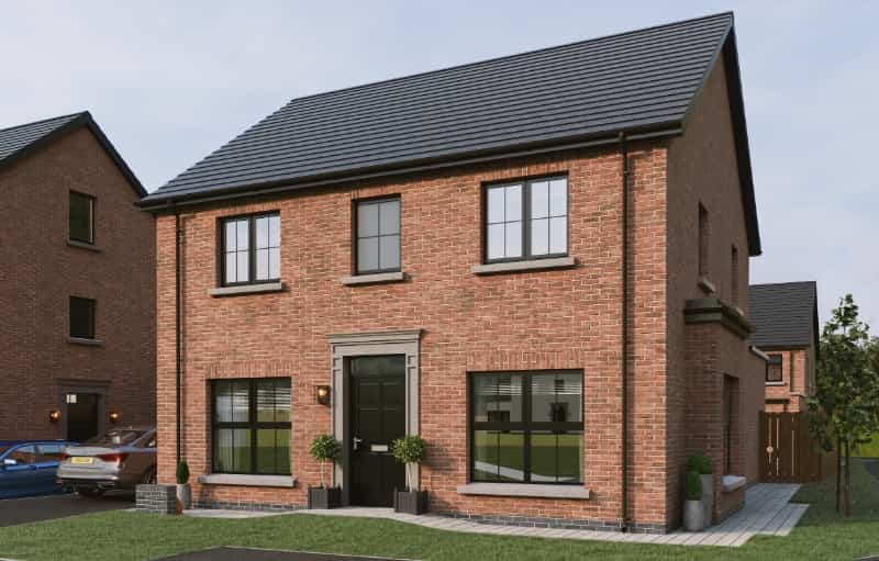 Two-story red brick house with black trim, front yard, and modern design, situated in a suburban neighborhood.